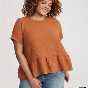 💐SPRING STOCK-UP💐 Torrid Rust Orange Ruffled Hem 100% Cotton Blouse sz 1X